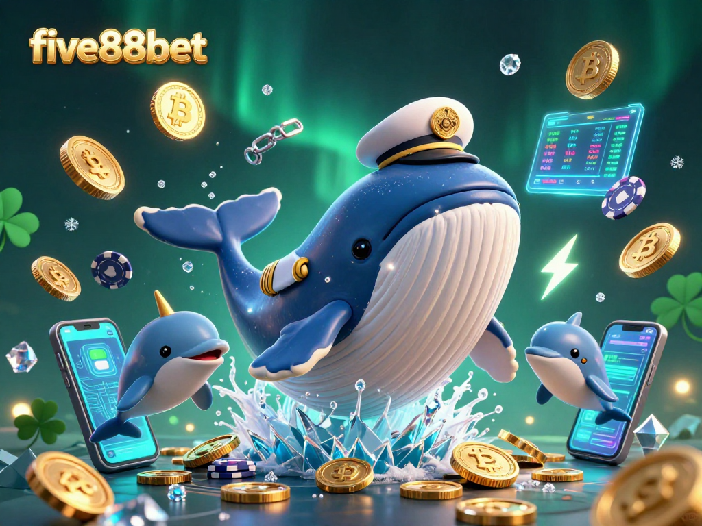 Play casino games with five88bet, featuring a whimsical whale and vibrant crypto coins.