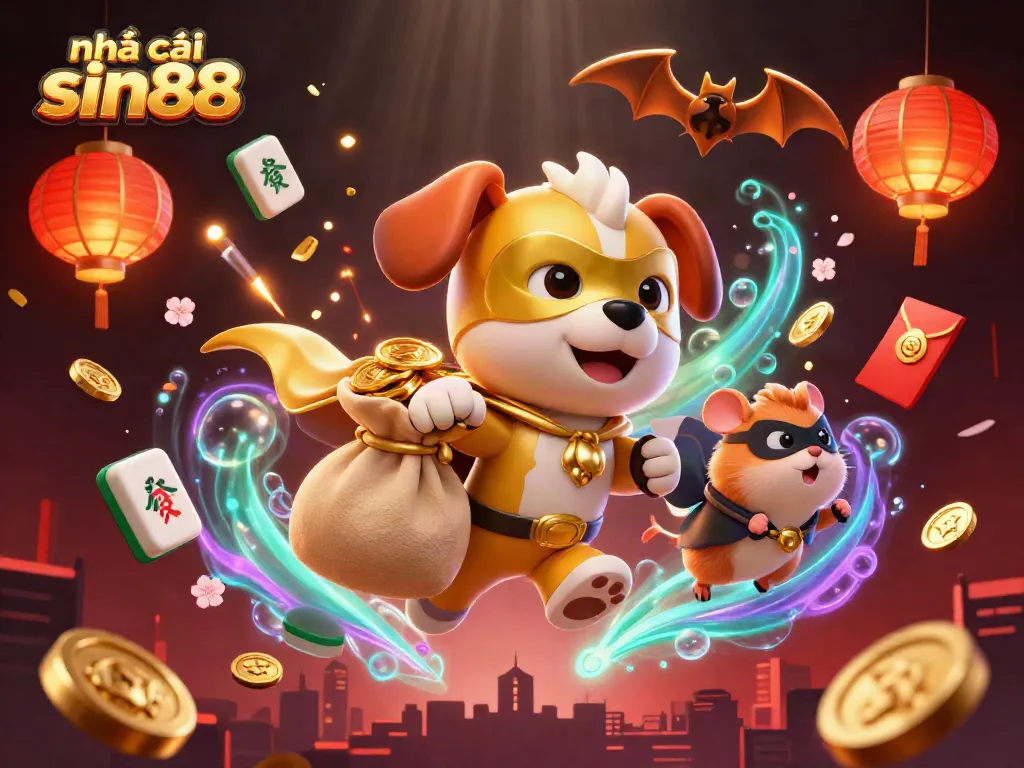 Experience thrilling gameplay at nhà cái sin88 with a festive atmosphere illustrated by a superhero dog and hamster!