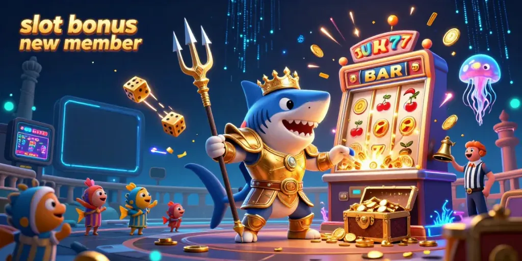Engage in thrilling gameplay with slot bonus new member featuring a shark gladiator and dynamic casino elements.