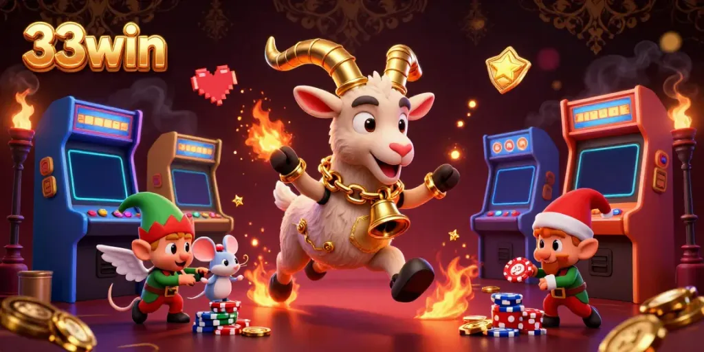 Experience the excitement of 33win with a festive casino scene featuring colorful characters in action.