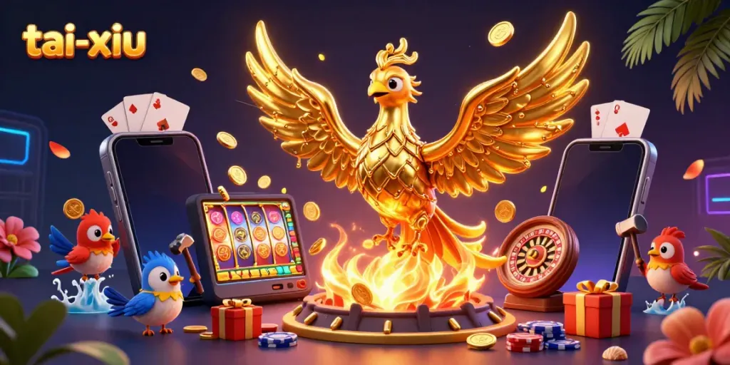 Experience the excitement of tai-xiu with a phoenix emerging from a forge, surrounded by dynamic casino elements.