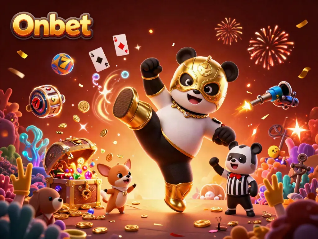 Experience Onbet with a lively crowd, slot reels, and more in a polished casino atmosphere.