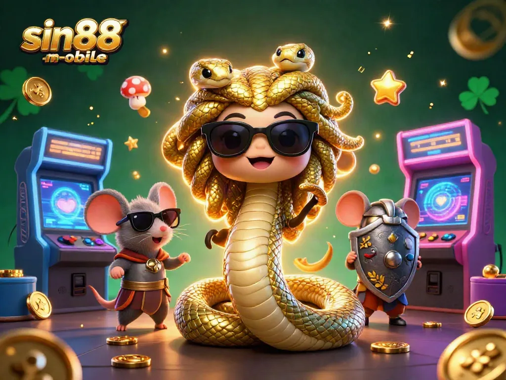 Engage with sin88-mobile in a vibrant 3D casino scene showcasing Medusa and a warrior mouse.