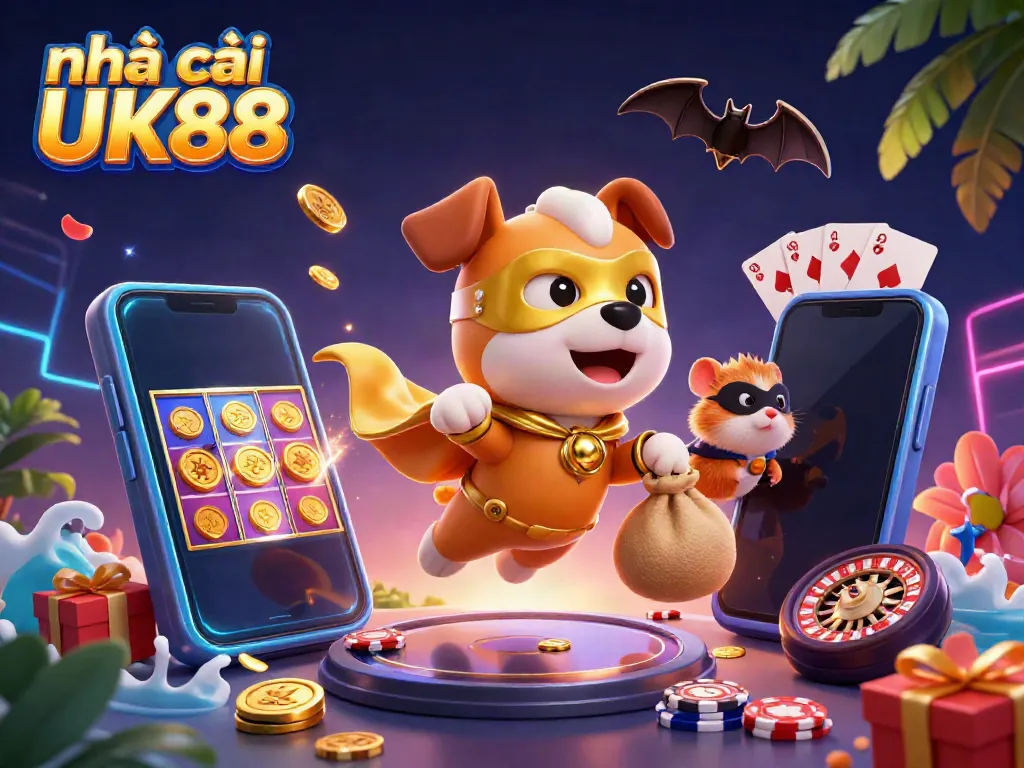 Experience action-packed gaming with nhà cái UK88 in this lively illustration featuring a superhero dog and sidekick.