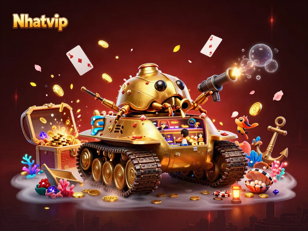 Engage with Nhatvip through an imaginative casino-themed illustration showcasing vibrant gaming elements.
