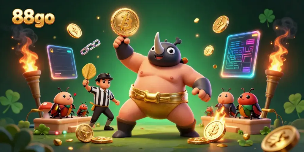 Engage in thrilling gameplay with 88go's vibrant 3D casino scene featuring beetle champions and crypto elements.