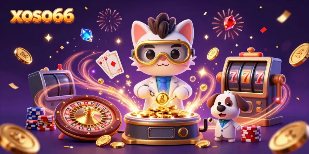 Experience the excitement at xoso66 with golden coins cascading around a mad scientist cat and his dog assistant.