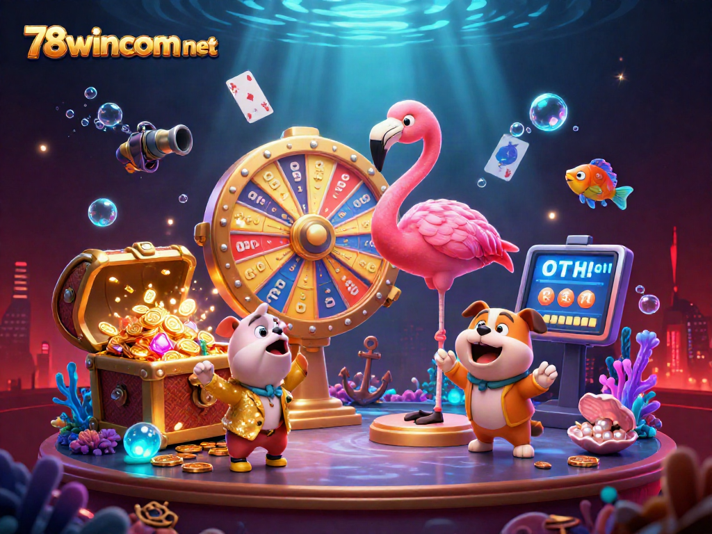 Engage in thrilling gameplay at 78wincom net with vibrant animation of a flamingo game show host.