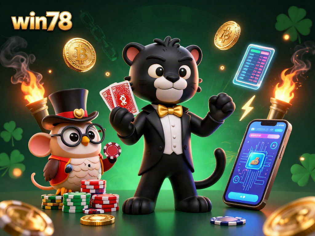 Win78 captivates gamblers with a vibrant 3D scene featuring animated casino characters and crypto elements.