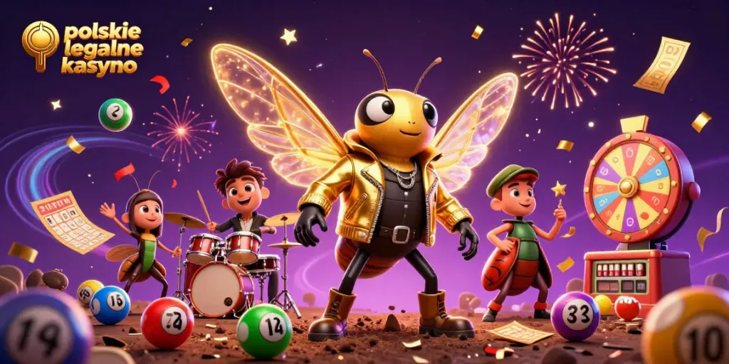 Experience thrills with polskie legalne kasyno as a cicada rock star plays amidst vibrant gaming elements.