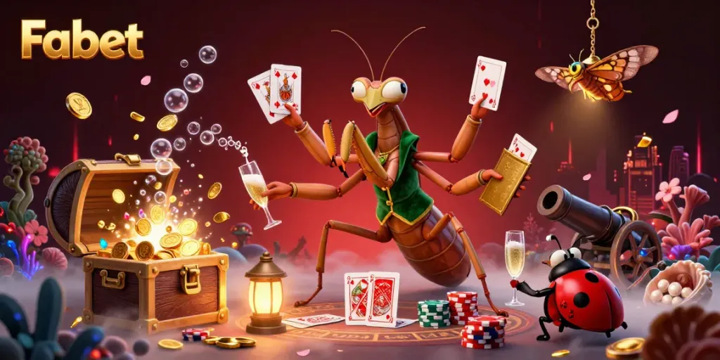 Experience Fabet's vibrant online casino world with a 3D mantis card sharp and pit boss amidst exploding treasures.