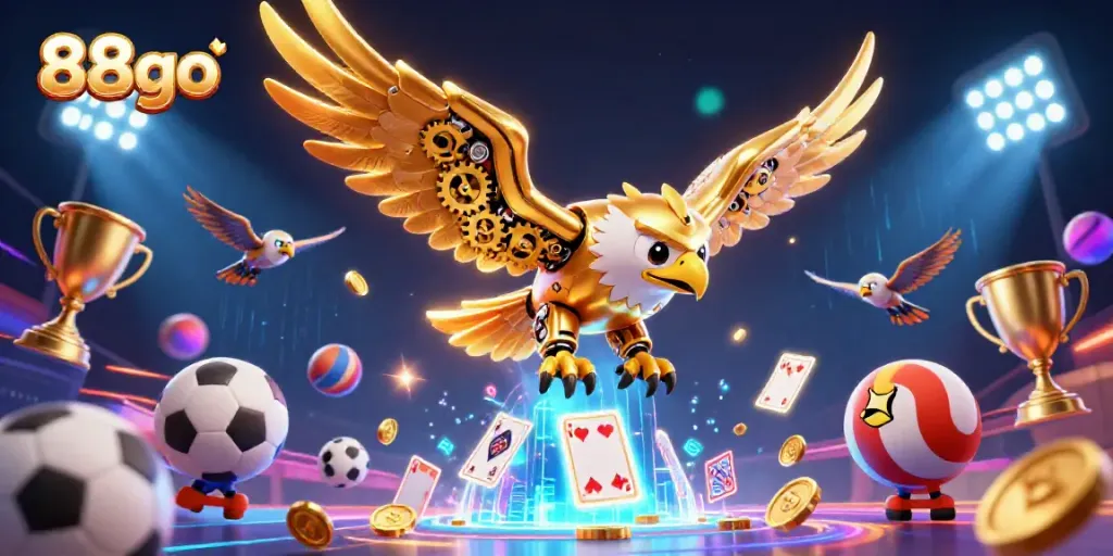 Experience thrilling gaming with 88go, featuring an energetic golden eagle and festive gaming elements.