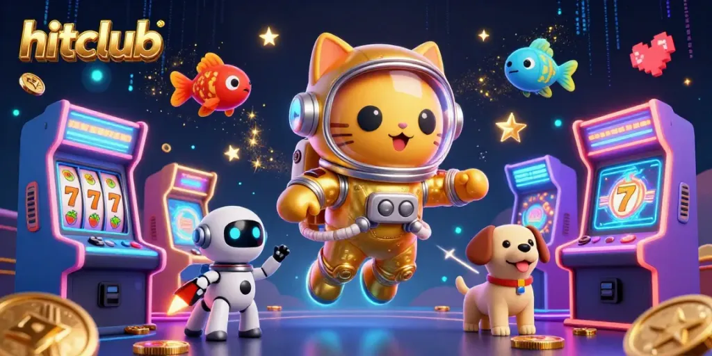 Play and win with hitclub in an ultra-detailed 3D digital casino scene featuring vibrant gaming elements.