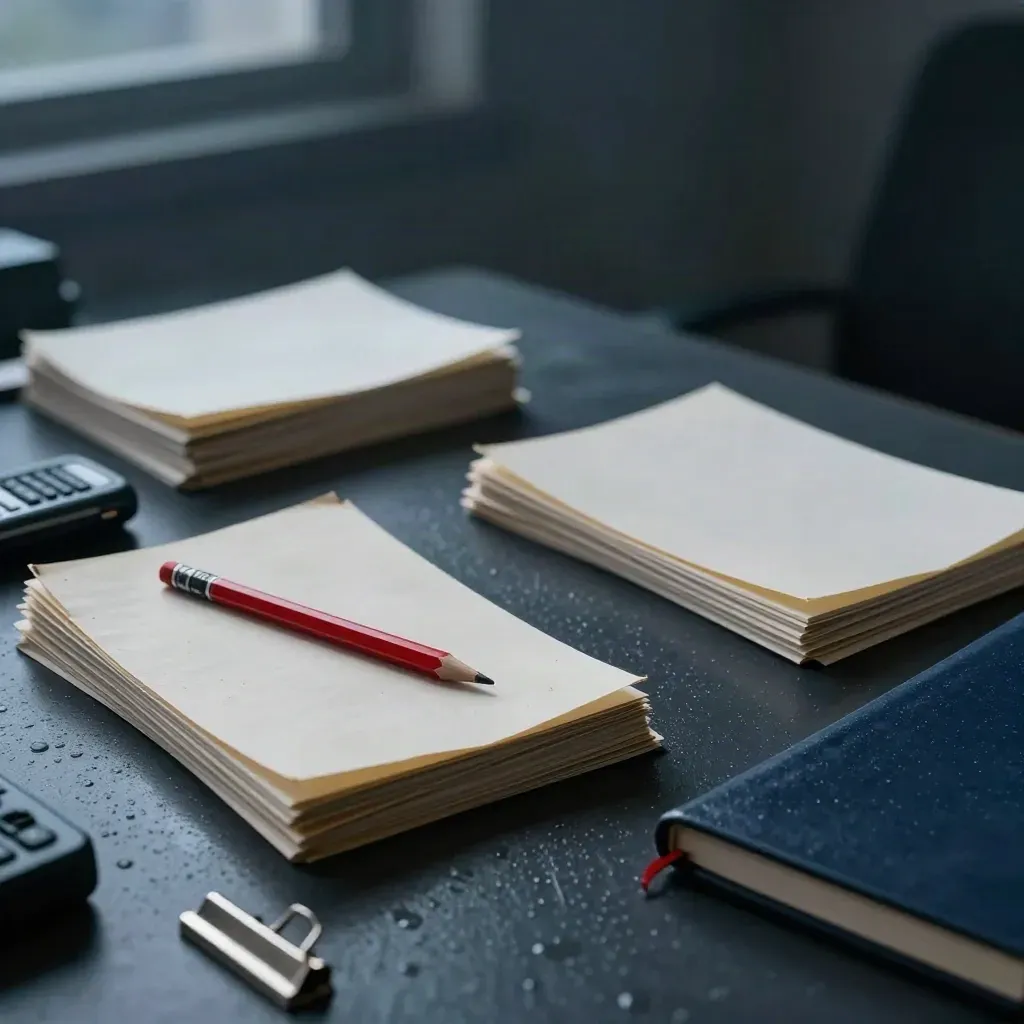 Karty lekcji newsroomu, czerwony ołówek, dyktafon i granatowy notes na mokrym biurku.