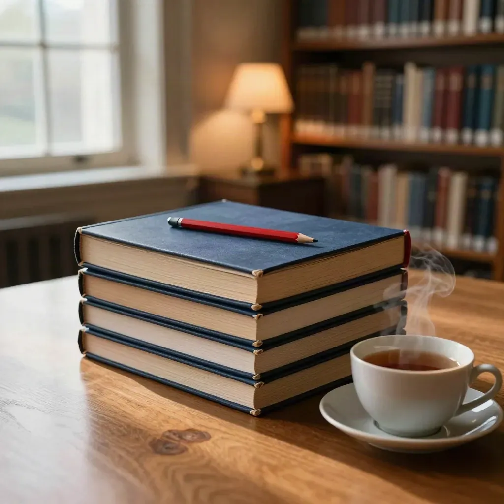 Na bibliotecznym stole leżą foldery źródeł, czerwony ołówek i herbata, gotowe do oddania.
