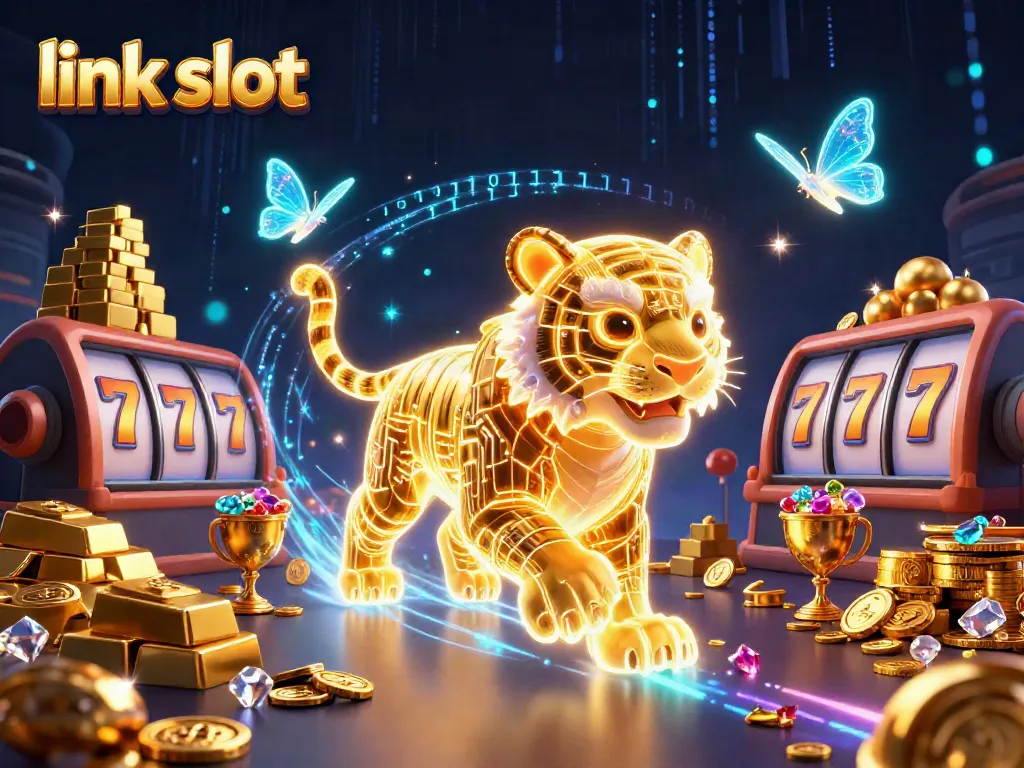 Engage with the thrilling link slot experience surrounded by vibrant casino elements and shimmering treasures.