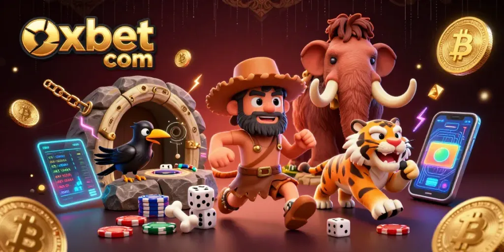 Experience the thrill at oxbet com, with prehistoric casino themes featuring playful cavemen, crypto coins, and vibrant game elements.