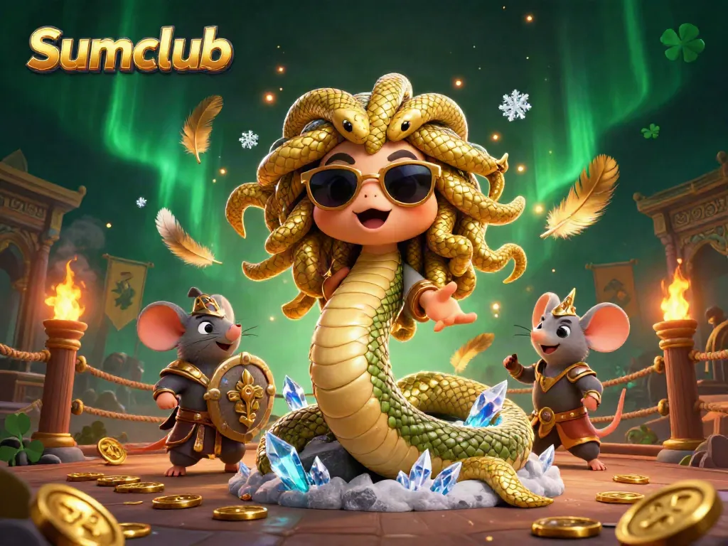 Engage in thrilling games at Sumclub with Medusa, a warrior mouse, and vibrant casino elements.