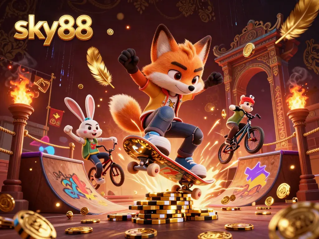 Enhance your sky88 experience with a cartoon fox performing tricks over golden poker chips in a dynamic casino scene.