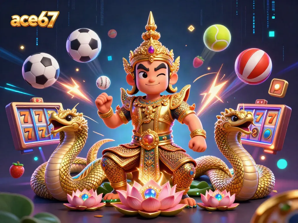 Experience the thrilling action with ace67, featuring a charismatic guardian and dynamic gaming elements in a vibrant casino scene.