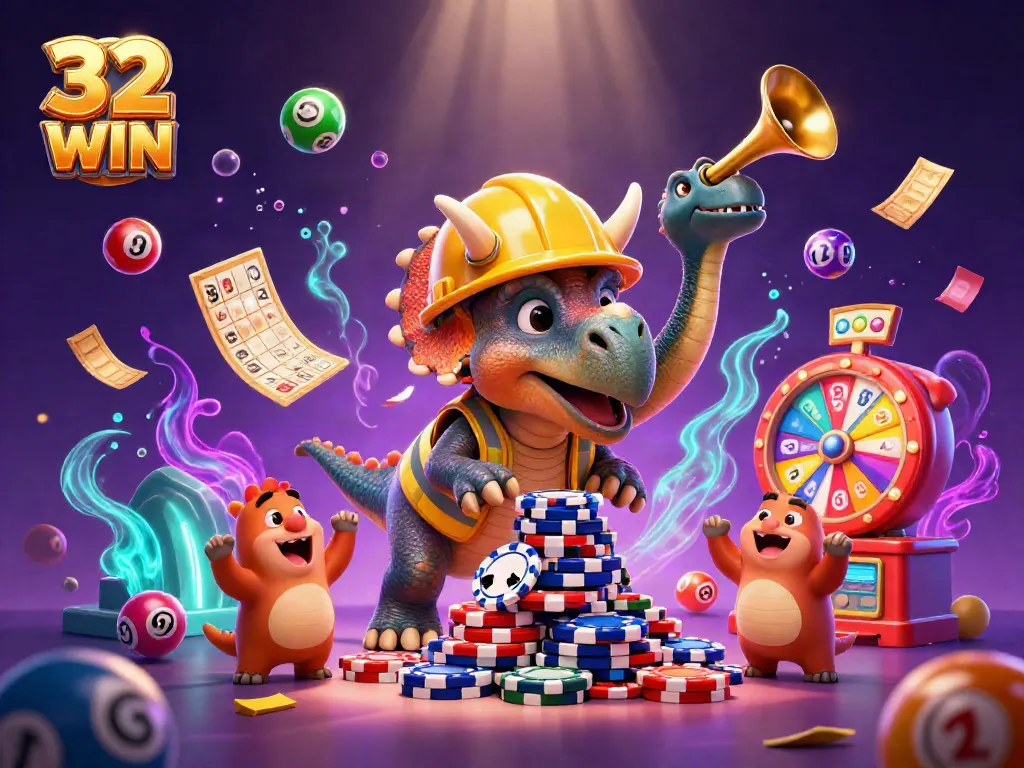 Experience thrilling games at 32 WIN, where a cheerful triceratops builds a poker chip pyramid amidst colorful lottery festivities.