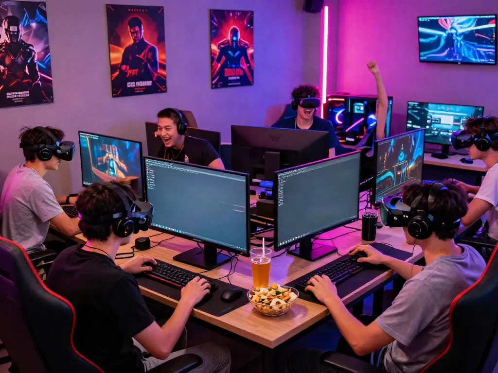 Kilat 404 gaming community engaging in multiplayer fun with VR setups and snacks.