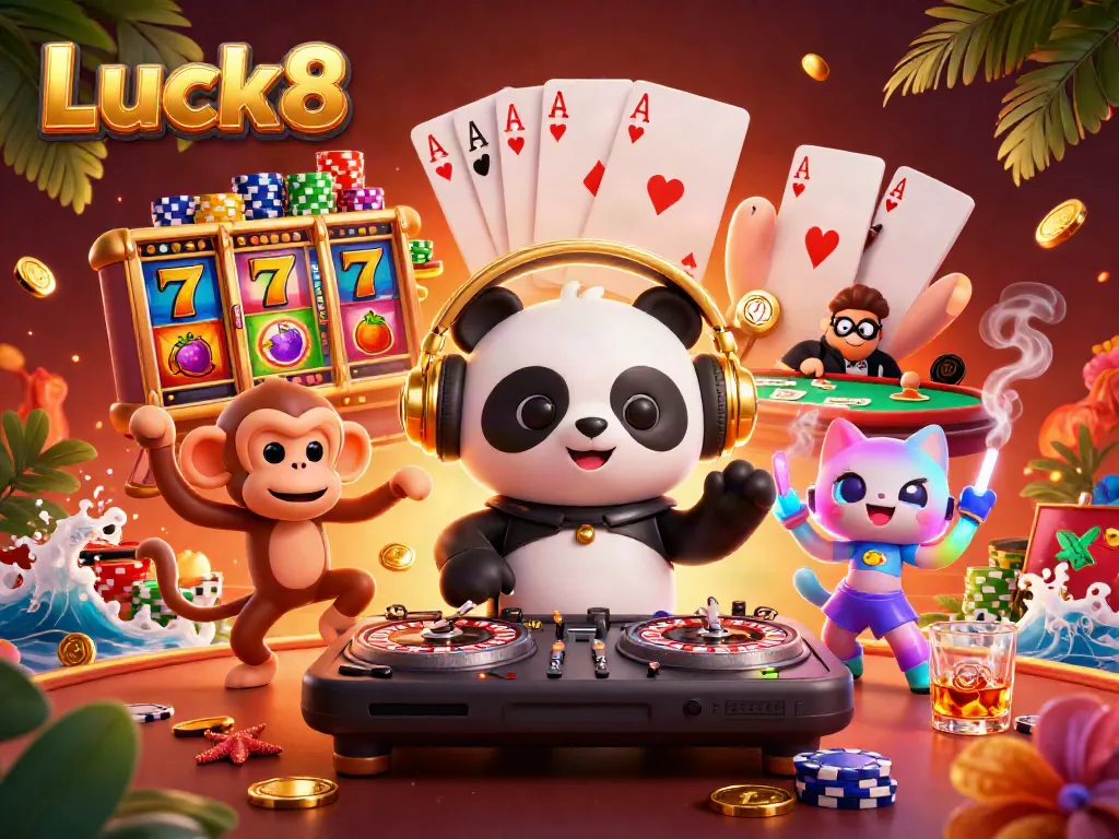 Luck8 features a DJ panda and friends enjoying dynamic casino entertainment with vibrant slot reels.