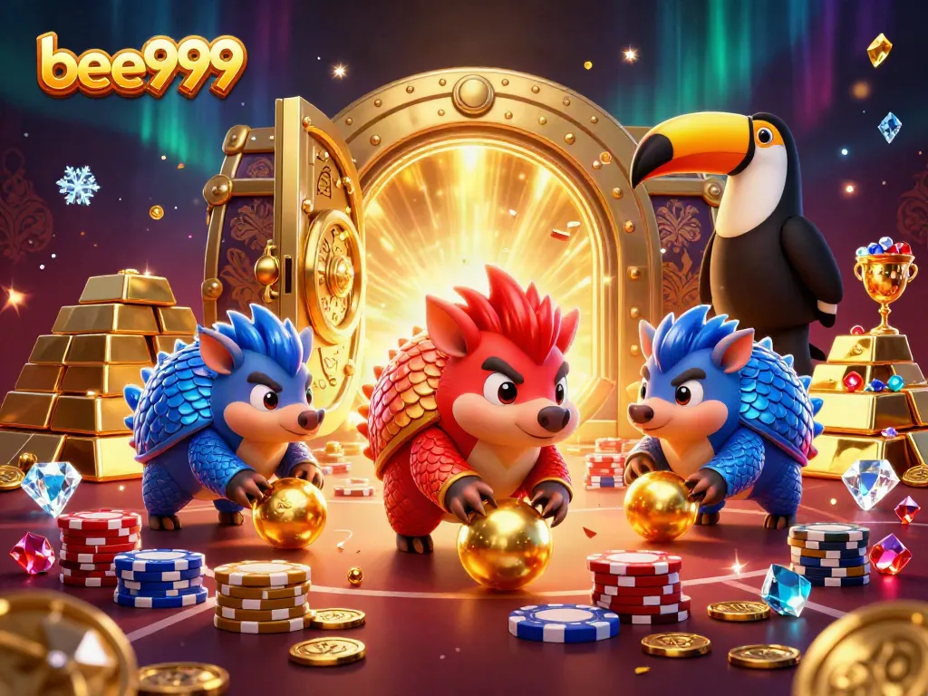 Experience thrilling gameplay in bee999 featuring rival pangolins amidst golden treasures and poker stacks.
