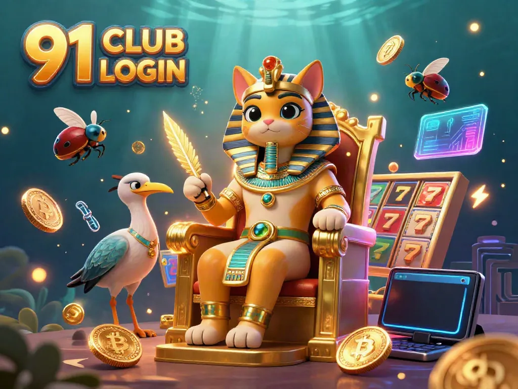 Engage with 91 CLUB LOGIN at an immersive online gaming scene featuring a regal cat and vibrant casino elements.