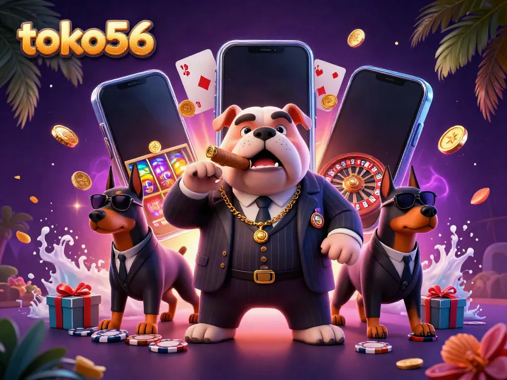 Engage with the thrilling world of toko56 as a mafia bulldog in a suit leads players into a vibrant casino atmosphere.