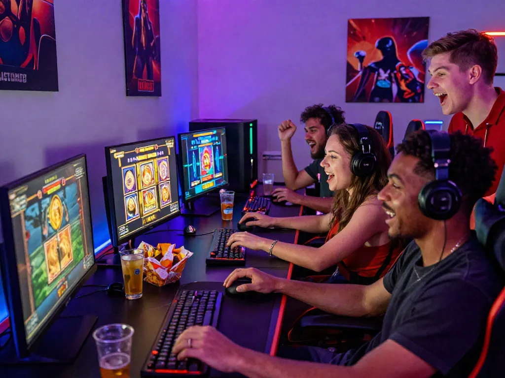 Friends enjoying a situs gacor gaming session, cheering around a colorful computer setup.