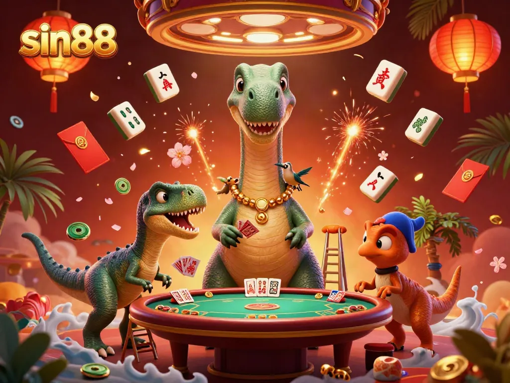 Experience sin88 with a vibrant casino scene featuring a huge dinosaur and raptor card dealer.
