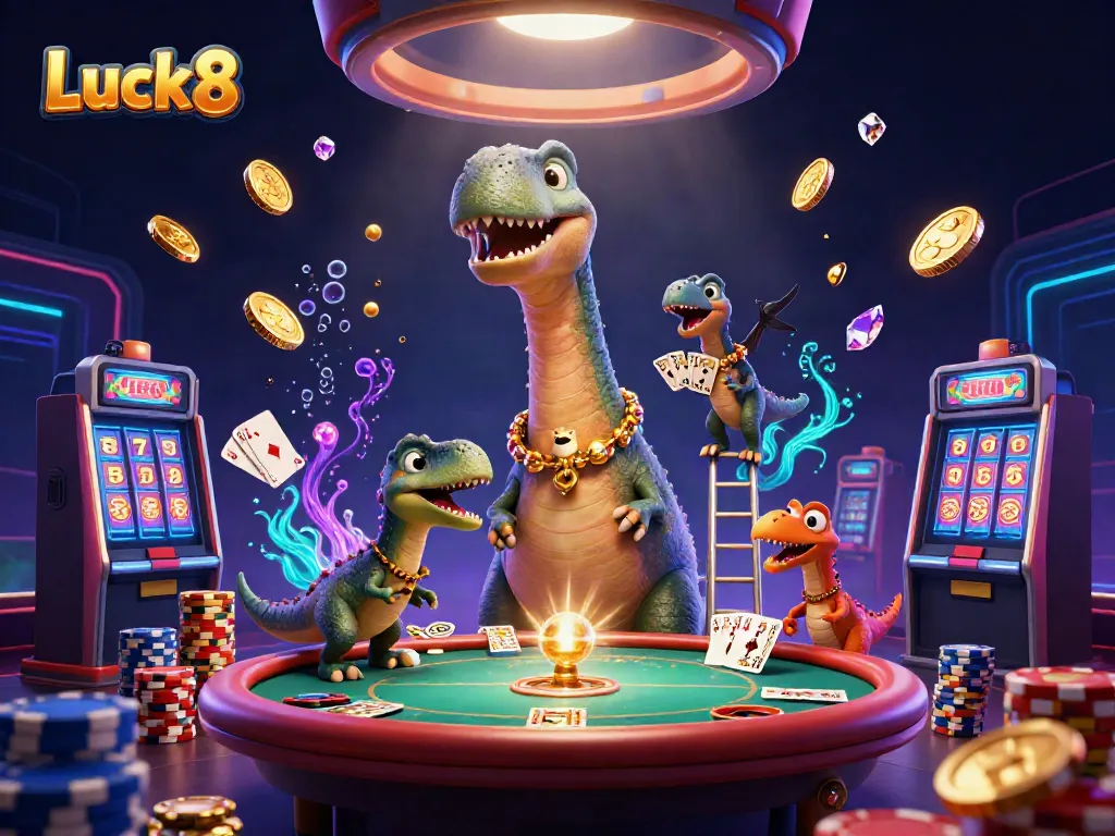 Experience Luck8 action with oversized brontosaurus, cards, and vibrant casino elements.