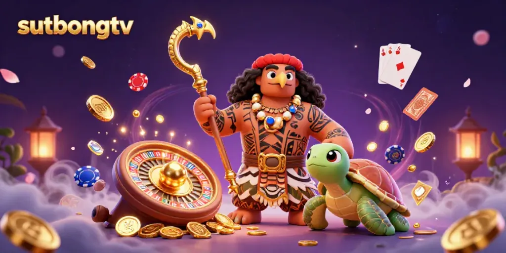 Sutbongtv captures exciting winning moments in a vibrant casino scene with unique characters, spinning roulette, poker chips, and gold coins.