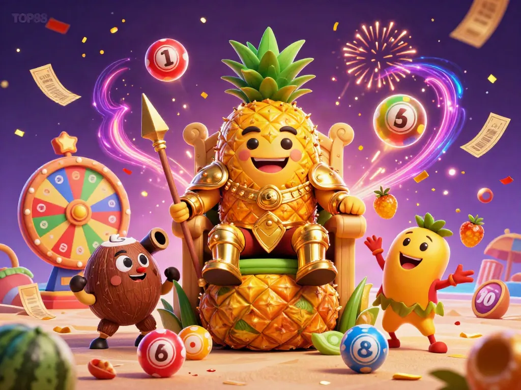 Experience the excitement of TOP88 with a vibrant casino scene featuring a golden pineapple king and lively characters.