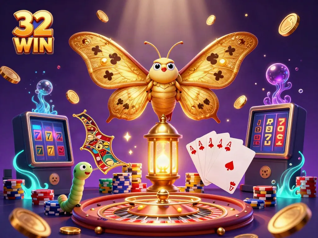 Experience the excitement of winning at 32 WIN with vibrant casino-themed illustration featuring golden moth and dynamic game elements.