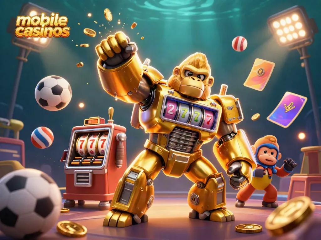Experience mobile casinos with dynamic 3D illustration of a golden mech and sports elements.