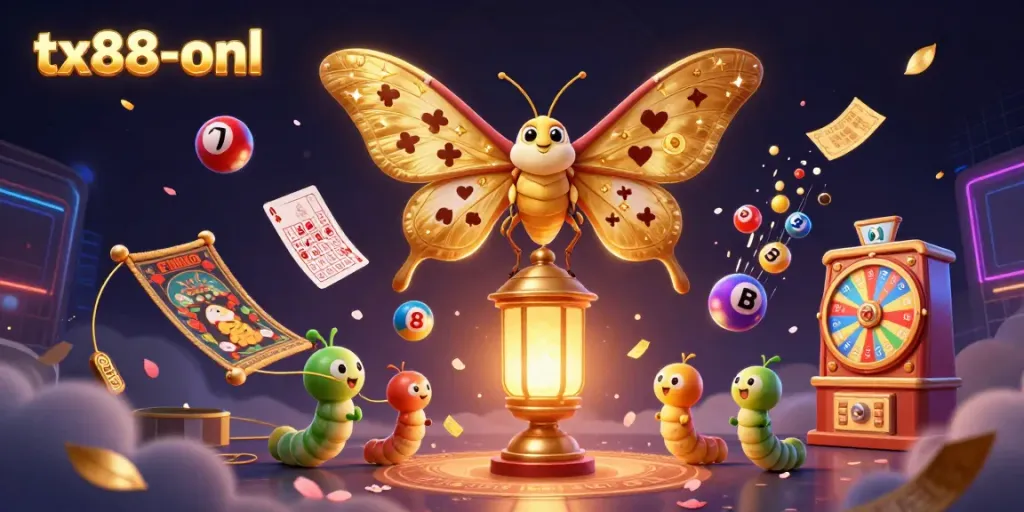 Experience the magic of tx88-onl with a vibrant digital illustration featuring playful lottery elements and a majestic moth.