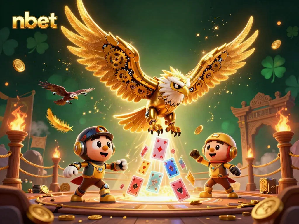 Witness the vibrant nbet casino scene with a golden eagle soaring through holographic cards, showcasing thrilling action.