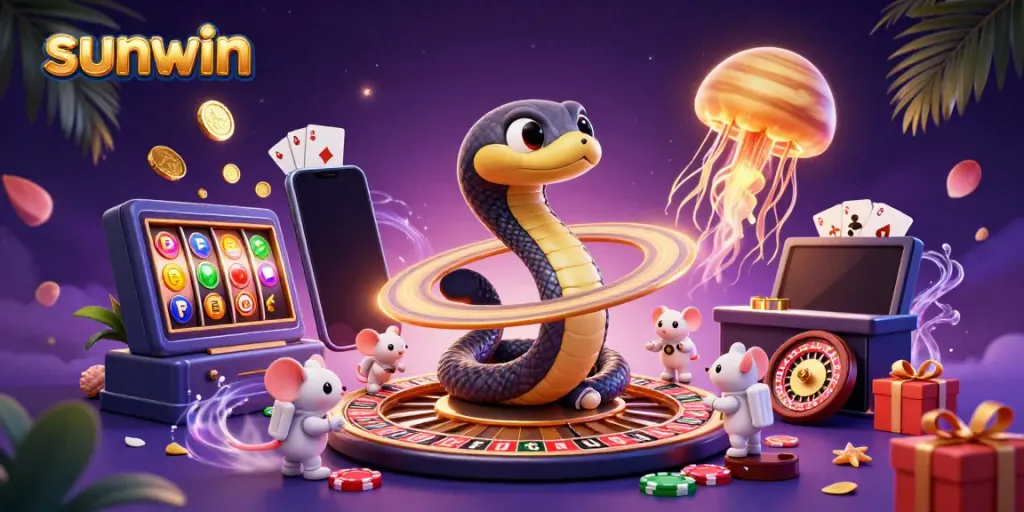 Experience the thrill of sunwin with a cosmic casino scene featuring a roulette snake, astronaut mice betting, and a golden jellyfish dealer.
