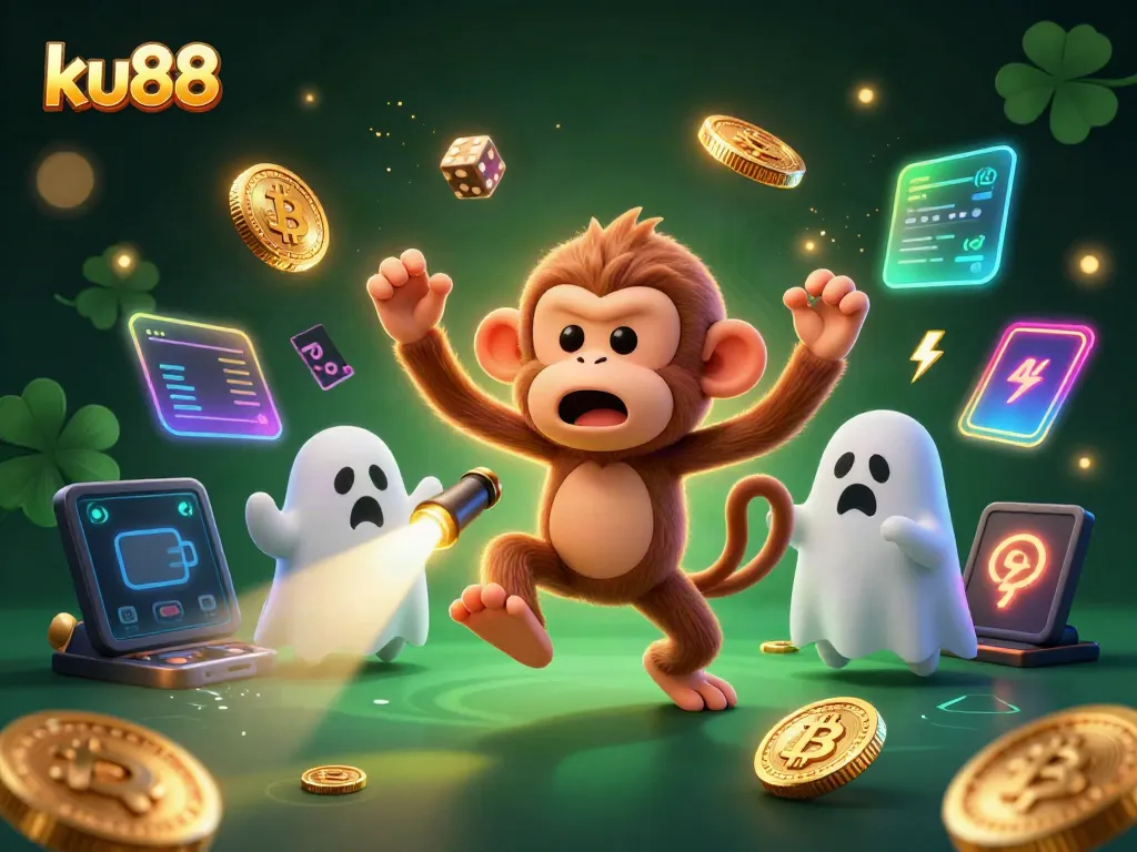 Experience the thrill of ku88 as the poltergeist monkey juggles casino treasures in a vibrant haunted setting.