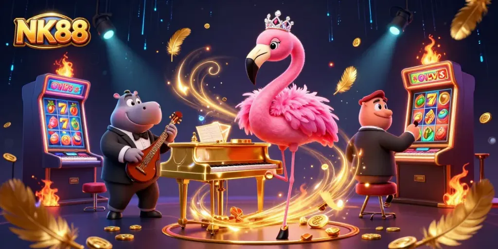 Experience excitement at NK88 with slot machines, vibrant characters, and immersive casino atmosphere.