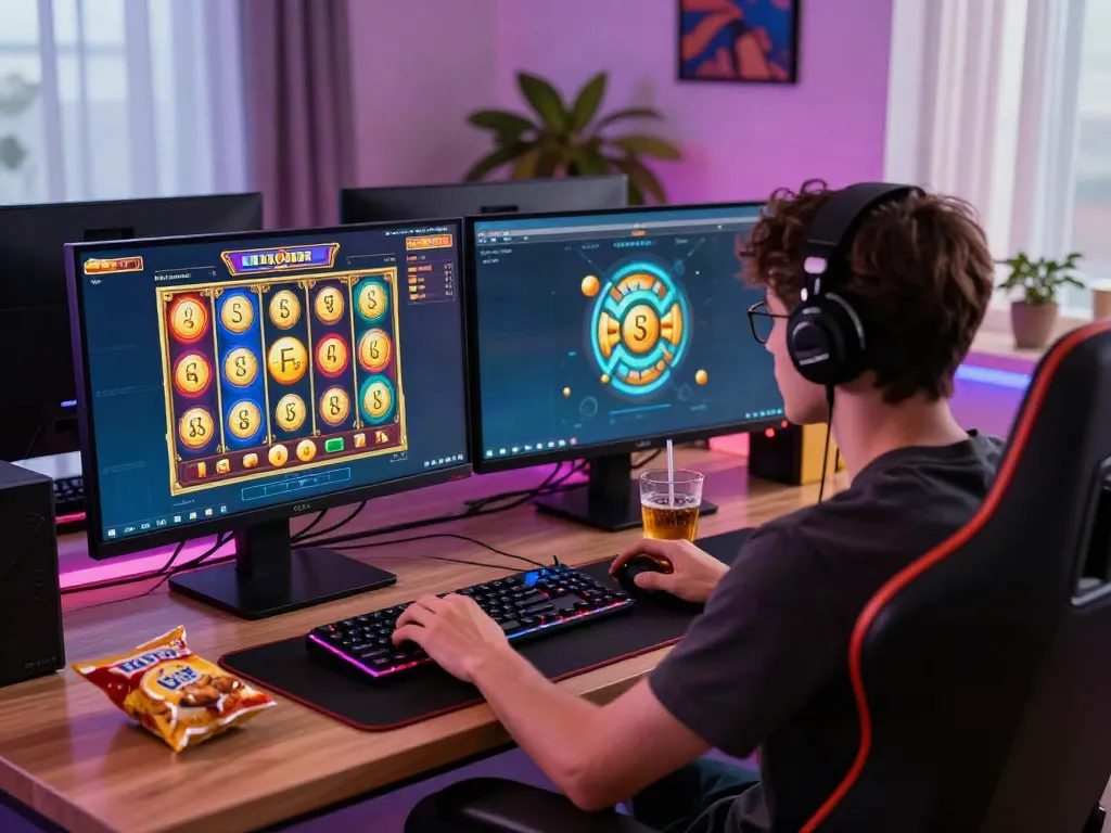 Exciting gaming moment at kayu77 slot, dual-screen setup with vibrant graphics.