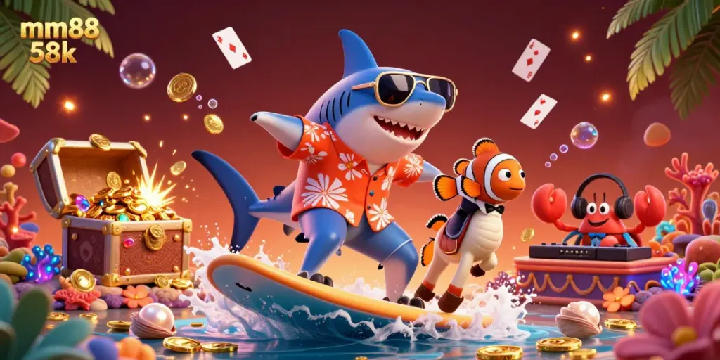 Join the fun with mm88 58k as the shark surfs gold coins surrounded by vibrant underwater treasures and cheerful characters.