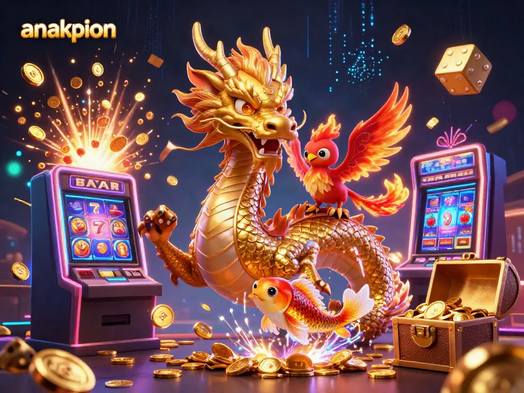 Anakpion showcases a stunning dragon, phoenix, and koi fish in a vibrant casino-themed scene with dynamic elements.