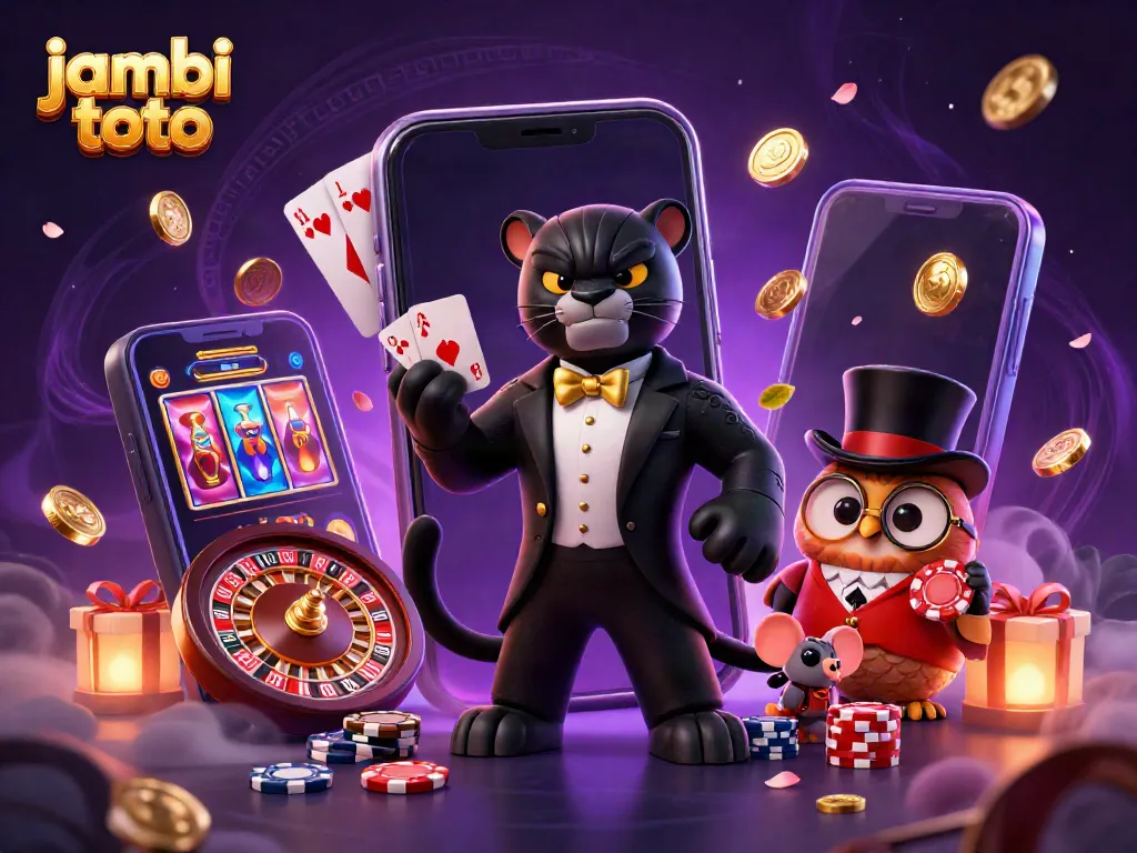 Engage in thrilling gaming with Jambi Toto, where 3D characters deal cards and hold poker chips amidst vibrant casino elements.