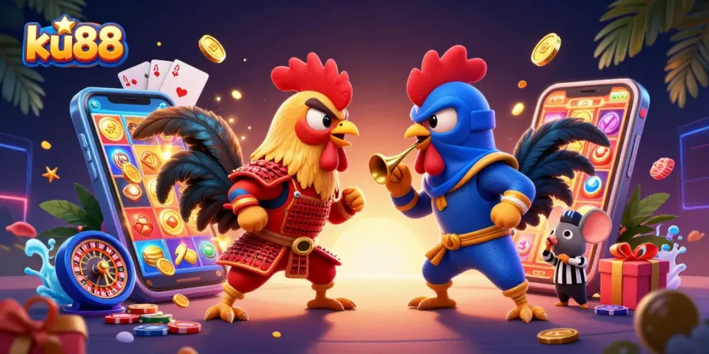Engage in thrilling gaming at ku88 with 3D cartoon roosters battling amid slot games and casino elements.