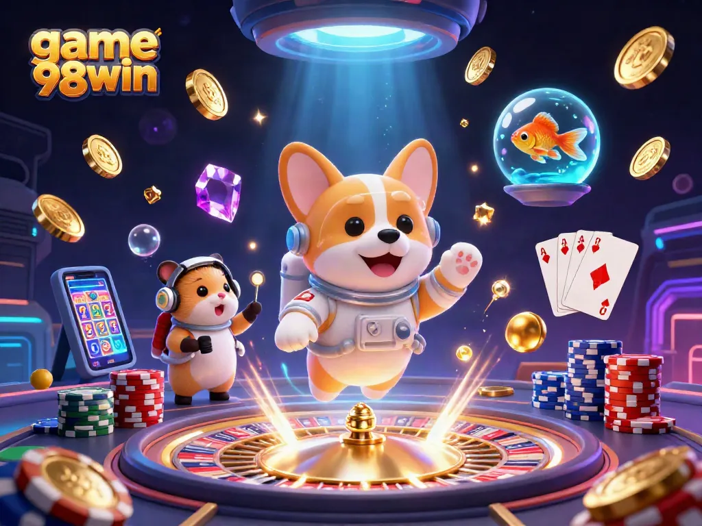 Engage with game 98win in a vibrant space casino with a playful astronaut corgi and whimsical characters.