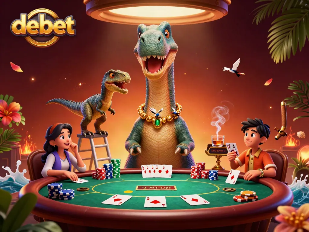 Engage with debet's vibrant poker scene featuring a towering brontosaurus and clever raptor dealer.