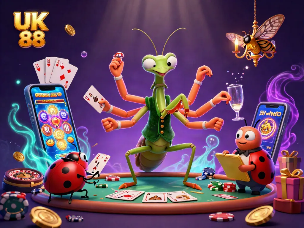 Engage with UK 88’s vibrant casino world featuring a unique praying mantis dealer and exciting gaming elements.